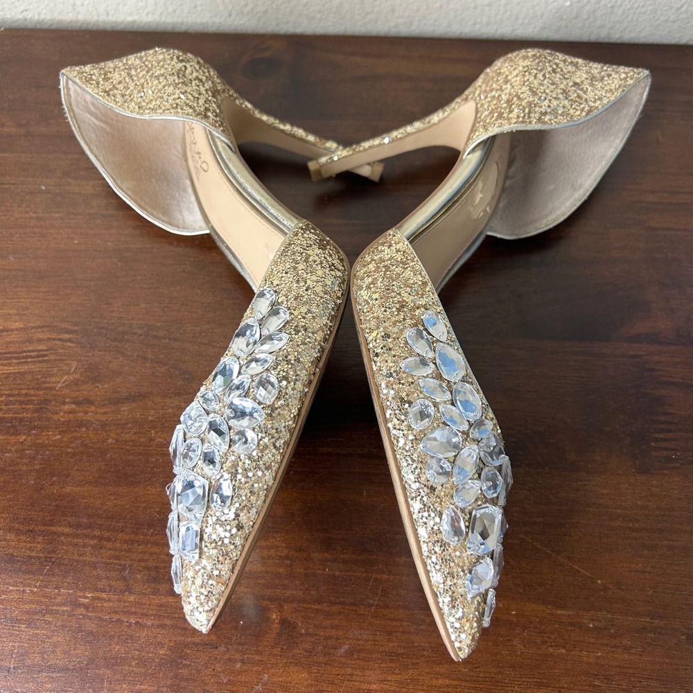 Jewel Badgley Mischka Pumps 7.5 Upton Evening Heels Gold Rhinestone D'Orsay - Picture 6 of 8